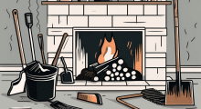 A wood-burning fireplace with a variety of cleaning tools nearby